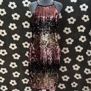 Venus Sequin Halter Dress - Black, Gold, and Pink